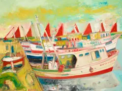 John Bellany, BOATS IN HARBOUR, oil on canvas
