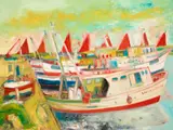 John Bellany, BOATS IN HARBOUR, oil on canvas