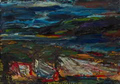 William MacTaggart, BOATS ON A STORMY SHORE, oil on panel