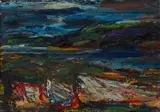 William MacTaggart, BOATS ON A STORMY SHORE, oil on panel