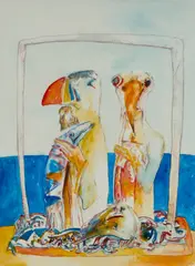John Bellany, PUFFIN, BIRD AND FISH, pencil and watercolour