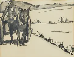 Josef Herman, CART ON THE ROAD, Pen and ink and grisaille