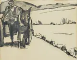 Josef Herman, CART ON THE ROAD, Pen and ink and grisaille
