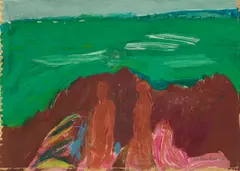Elizabeth Blackadder, TWO FIGURES IN A LANDSCAPE, mixed media on paper laid on card