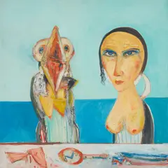 John Bellany, GIRL WITH THE SCREECHING GANNET, oil on canvas