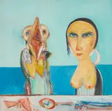 John Bellany, GIRL WITH THE SCREECHING GANNET, oil on canvas