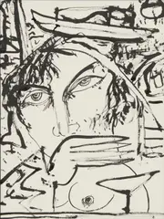 John Bellany, WOMAN WITH MARTINI GLASS, Ink drawing