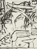 John Bellany, WOMAN WITH MARTINI GLASS, Ink drawing