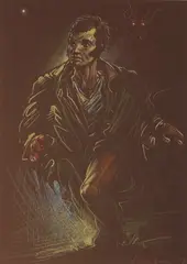 Peter Howson, RABBIE BURNS ON THE RUN, 2009, coloured pencil and pastel on dark brown paper