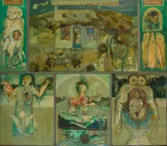 Joyce W. Cairns, PURSUED, CONQUERED & ASSIMILATED, oil, pencil and collage on six panels mounted together