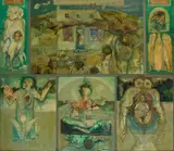 Joyce W. Cairns, PURSUED, CONQUERED & ASSIMILATED, oil, pencil and collage on six panels mounted together