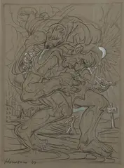 Peter Howson, FIGHTING DEMONS, 2007, ink and pencil on grey paper
