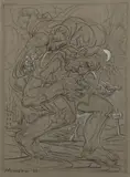 Peter Howson, FIGHTING DEMONS, 2007, ink and pencil on grey paper