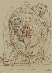 Peter Howson, THE GUARDIANS, 2012, ink and felt tip pen on grey paper