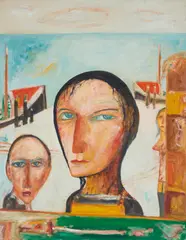 John Bellany, HEAD STUDIES AND HARBOUR QUAY, oil on canvas