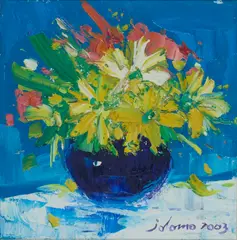 John Lowrie Morrison, WEE DAISIES, BLUE VASE, 2003, oil on canvas