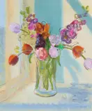 Irene Lesley Main, SPRING FLOWERS IN THE STUDIO, mixed media