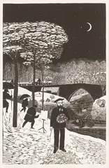 Bob Bain, PUNTERS IN THE SNOW, BRIG OF BALGOWNIE, Linocut, 12/100
