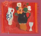 David McClure, RED STILL LIFE WITH PEAR AND EGG CUP, Oil on board