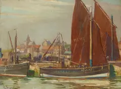 Hubert Thornley, BOATS IN PITTENWEEM HARBOUR, oil on board