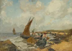 Eugen Dekkert, OFFLOADING THE CATCH, oil on canvas laid to board