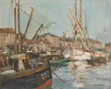 Eugen Dekkert, BOATS IN THE HARBOUR, oil on canvas
