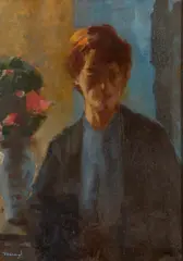 Ernest Hood, PORTRAIT OF A WOMAN IN BLUE, oil on board