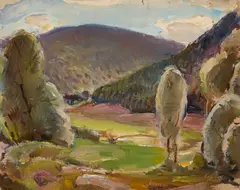 David Macbeth Sutherland, UNTITLED (LANDSCAPE WITH WOODED HILLS), Oil on board