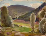 David Macbeth Sutherland, UNTITLED (LANDSCAPE WITH WOODED HILLS), Oil on board