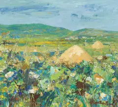 Perpetua M. Pope, HAY STACKS, BARRA, oil on canvas-board