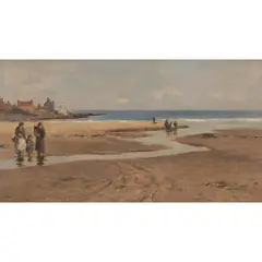 Archibald David Reid, FIGURES ON THE BEACH AT LOW TIDE, oil on panel