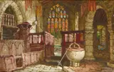 Samuel Rayner, INTERIOR OF THE OLD CHAPEL AT HADDON HALL, DERBYSHIRE, watercolour and gouache