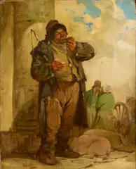 MAN WITH PIPE AND PIGS by Erskine Nicol, oil on canvas, sold Feb 2026