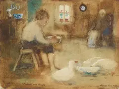 James Kay, FEEDING TIME, watercolour and scratching out