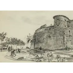 Muirhead Bone, LÉON - THE PRISON AND ITS WALLS, Graphite