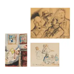 Emmanuel C. Benezit, THREE WORKS: 'CHILDREN ON THE BEACH'; 'BEDTIME' & 'THE DISCUSSION', charcoal and watercolour