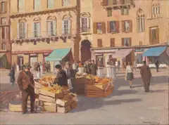 Henry Hanke, FRUIT STALL, SIENA, oil on canvas laid to board