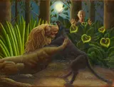 Helen Flockhart, LYON AND PANTHER, oil on panel