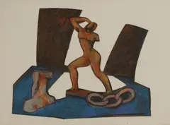 Ivor Abrahams, Standing nude and chain, mixed media collage