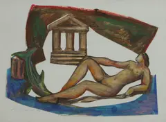 Ivor Abrahams, A reclining nude and a dolphin by a temple, mixed media collage