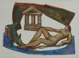 Ivor Abrahams, A reclining nude and a dolphin by a temple, mixed media collage