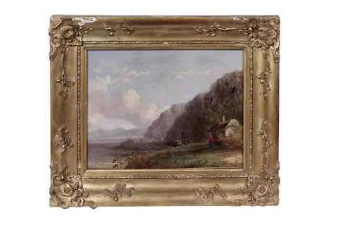 Edward William Cooke, Fisherfolk on the shoreline, oil on canvas