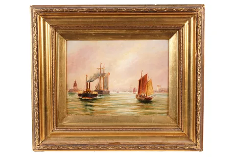 Bernard Benedict Hemy, North Shields shipping view, oil on board