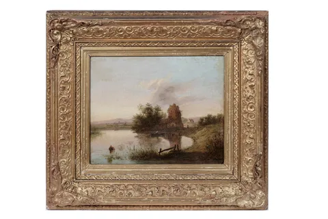 Charles Greville Morris, Derelict windmill by a river, oil on canvas