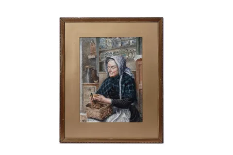 John Wilson Hepple, Woman peeling potatoes, watercolour