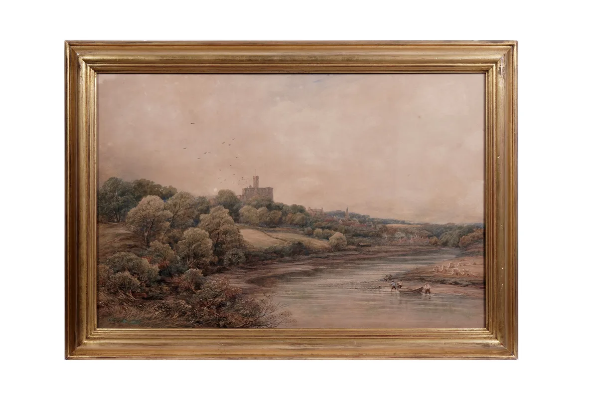 John Surtees, Salmon Fishing on the Coquet near Warkworth Castle, watercolour