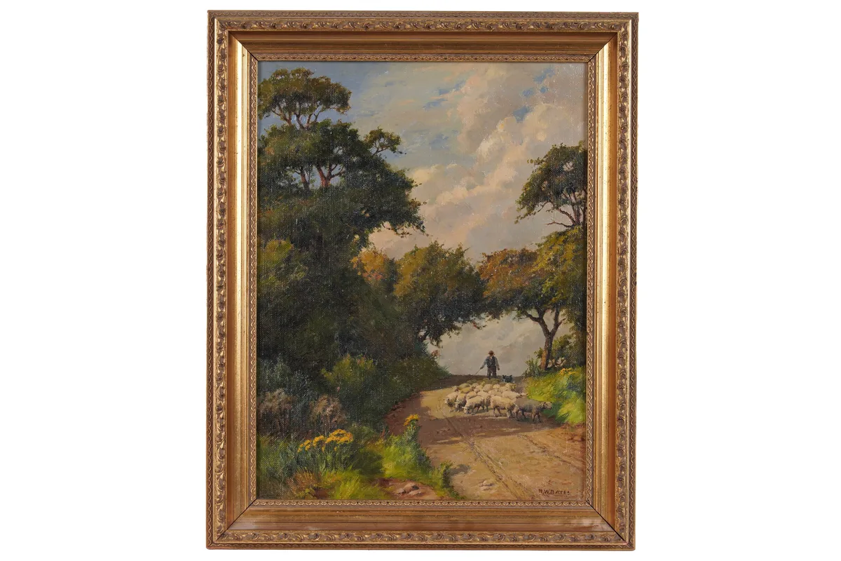 Robert William Bates, Shepherd herding his sheep down a lane, oil on canvas