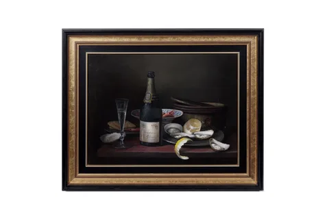 Brian Davies, Still life with seafood and champagne, oil on canvas