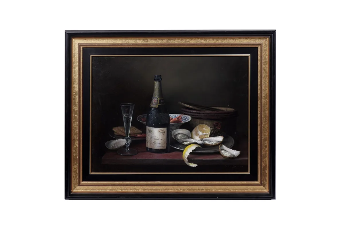 Brian Davies, Still life with seafood and champagne, oil on canvas