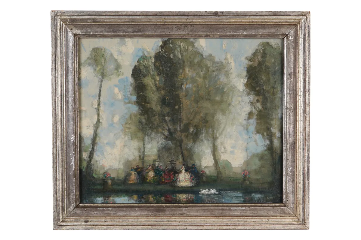 William George Robb, Tea party by the pond, oil on canvas